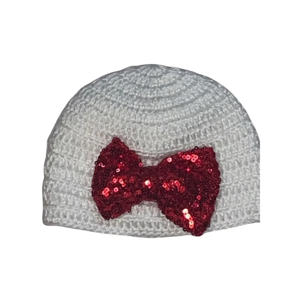 New So Dorable Hand Crocheted Baby Girl White Red Bow Hat Christmas 0-6 Month